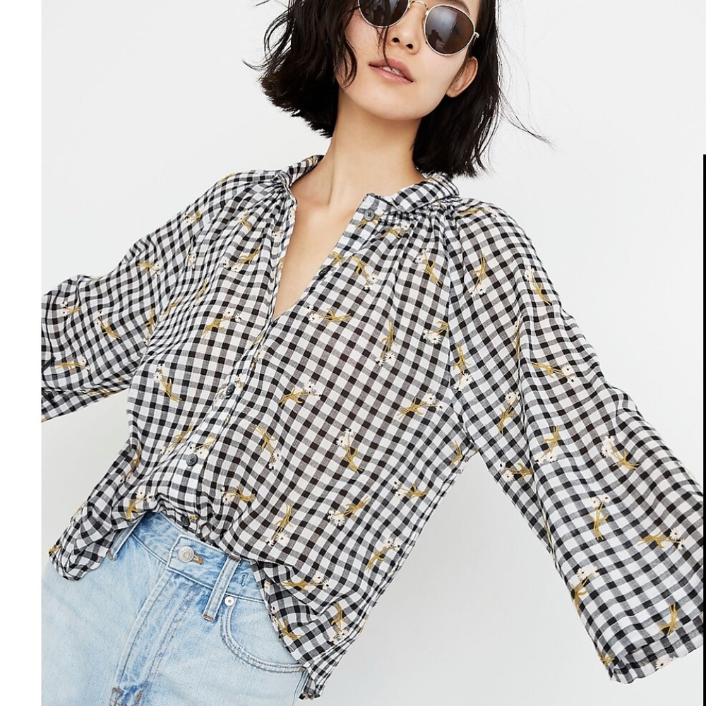 Madewell black and white check + floral stitched pattern blouse